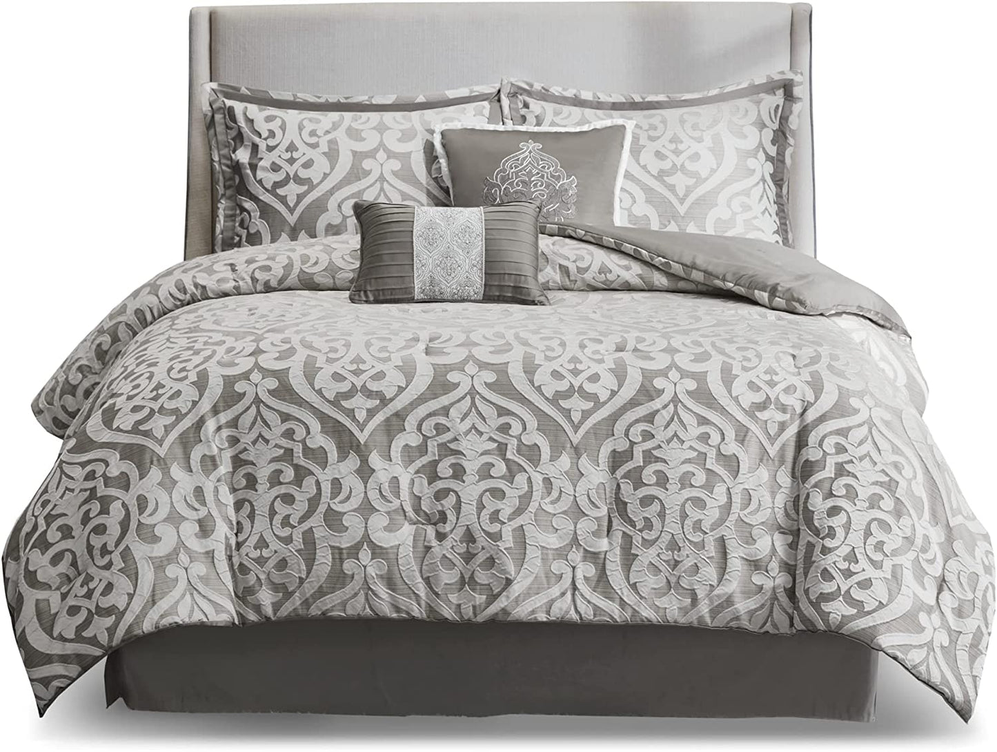 Tesla Cozy Comforter Set Jacquard Damask Medallion Design - All Season down Alternative Bedding, Shams, Bedskirt, Decorative Pillows, Queen (90 in X 90 In), Silver 6 Piece