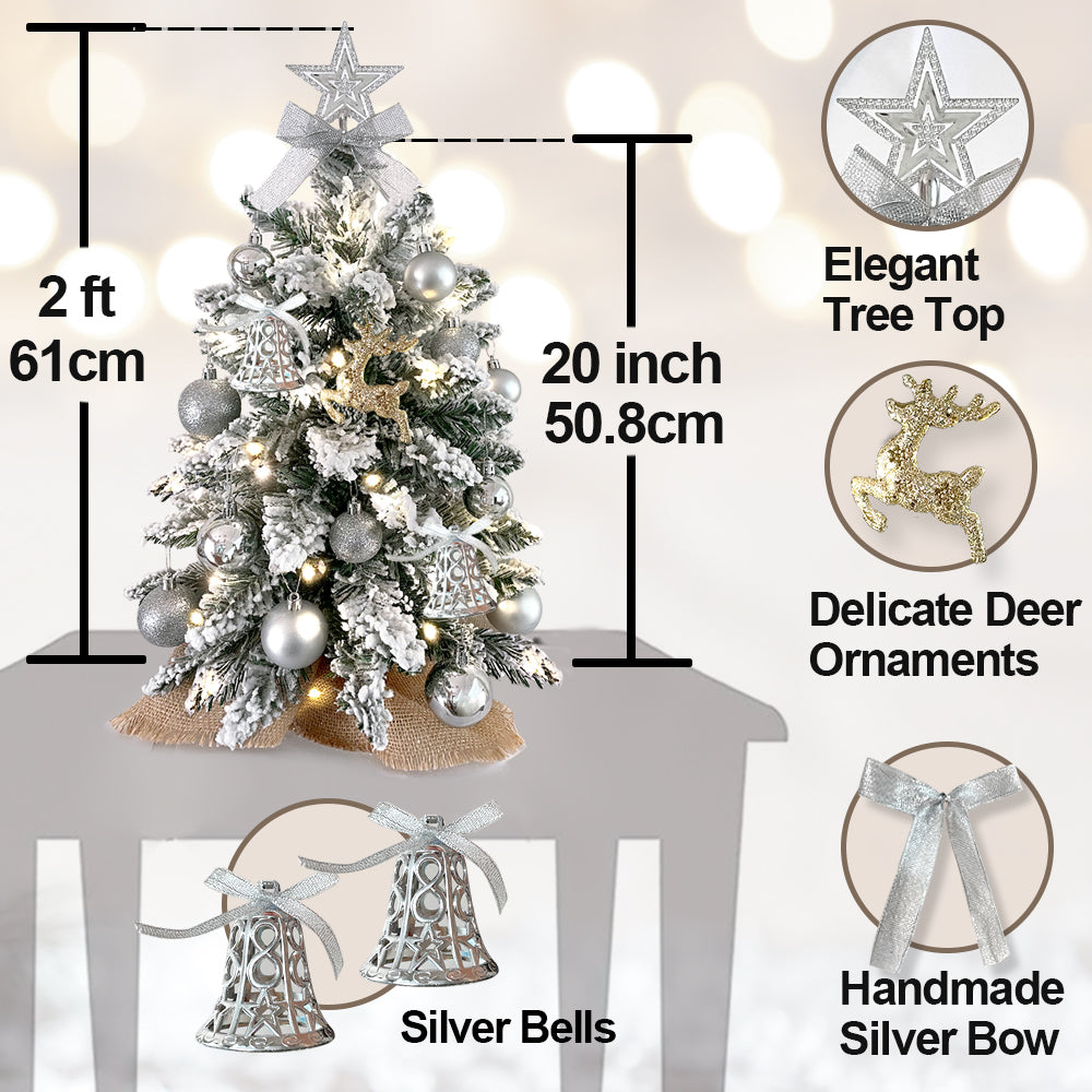 2Ft Mini Christmas Tree with Light Artificial Small Tabletop Christmas Decoration with Flocked Snow, Exquisite Decor & Xmas Ornaments for Table Top for Home & Office