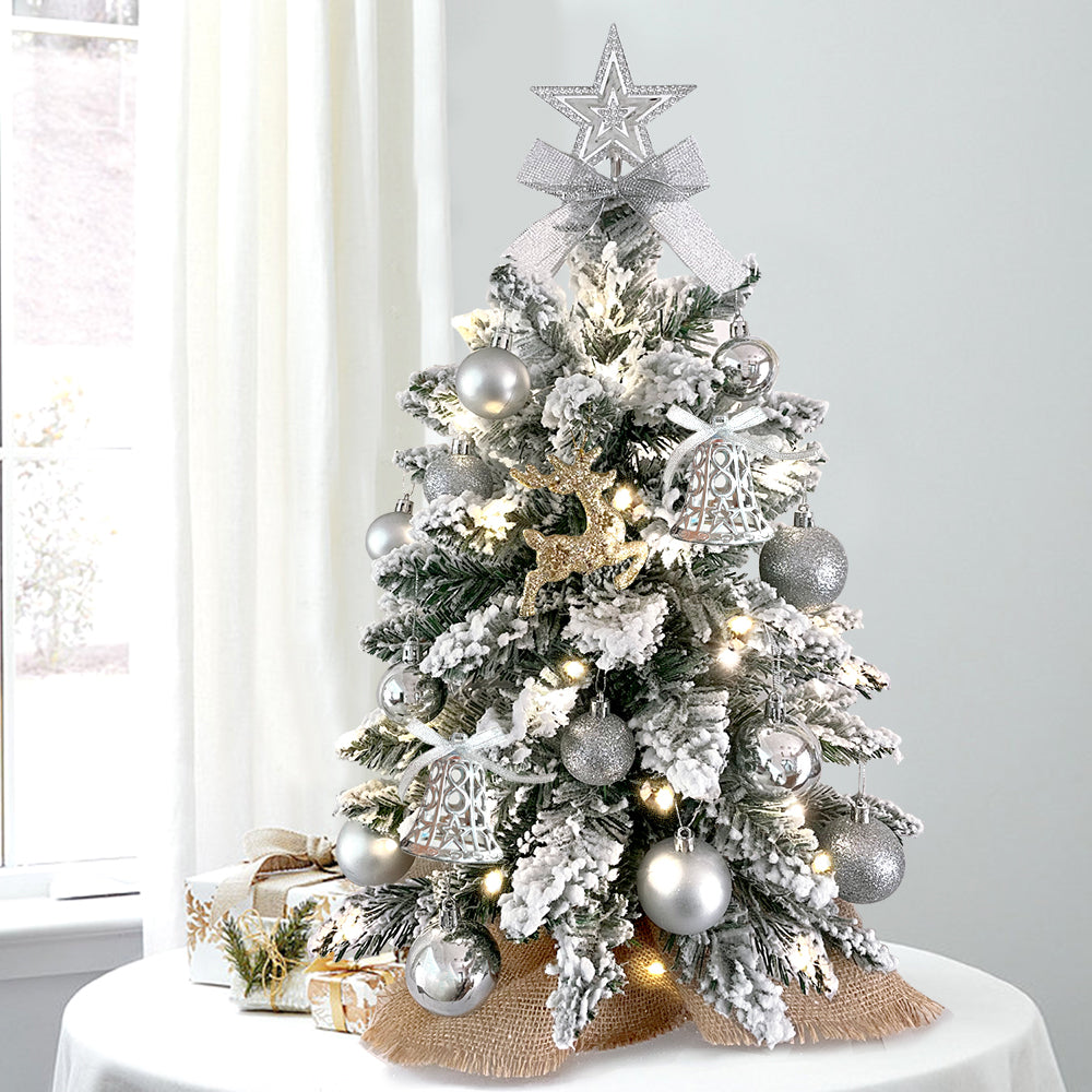 2Ft Mini Christmas Tree with Light Artificial Small Tabletop Christmas Decoration with Flocked Snow, Exquisite Decor & Xmas Ornaments for Table Top for Home & Office