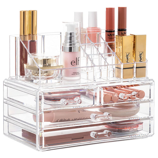 Acrylic Clear Dustproof Makeup Storage Organizer Drawers Large Skin Care Cosmetic Display Cases for Bathroom Stackable Storage Box with 4 Drawers for Vanity (Clear)