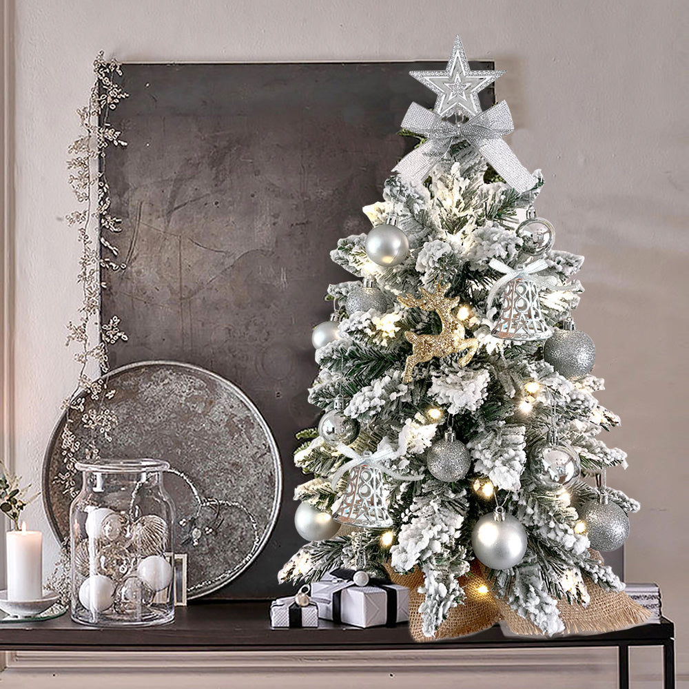 2Ft Mini Christmas Tree with Light Artificial Small Tabletop Christmas Decoration with Flocked Snow, Exquisite Decor & Xmas Ornaments for Table Top for Home & Office